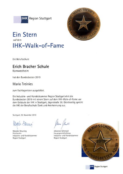 Urkunde bundesbester Azubi als Fachlagerist